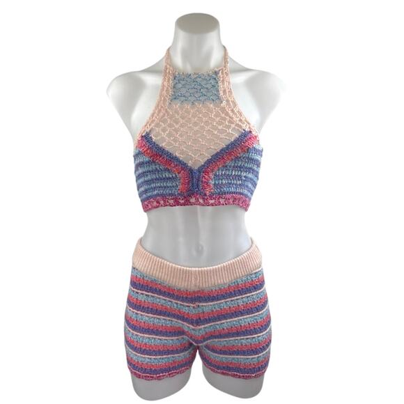 Zara Women's Multicolor Crochet Knit Halter Crop Top Brallette & Shorts Set Sz M - Picture 1 of 4